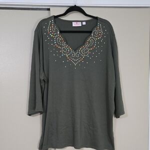 Quacker Factory Olive Tunic with Bejewelled Neckline Embellishments Size 3X